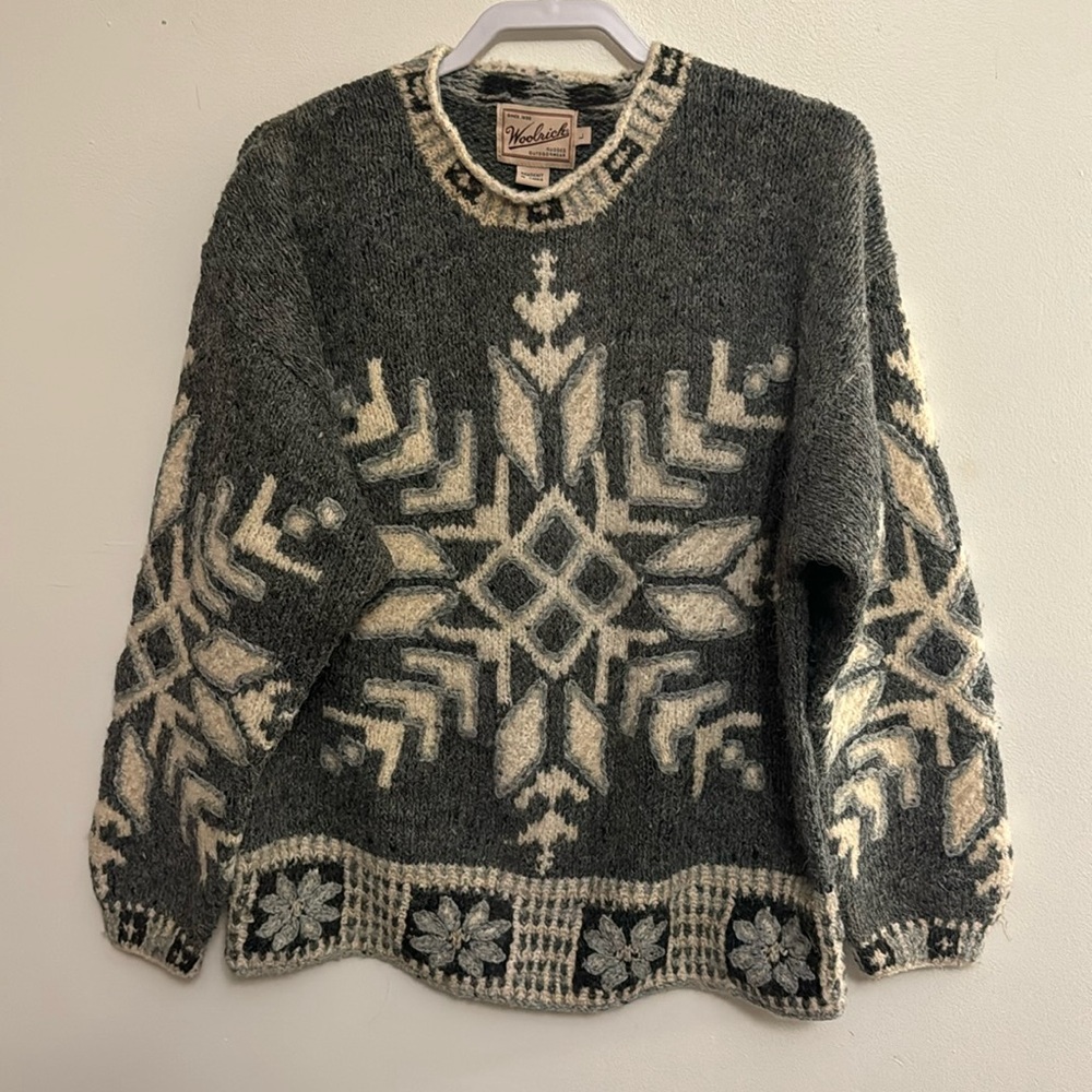 Woolrich Mens Vintage Flannel Gray snowflake Wool Mix Handknit Sweater L